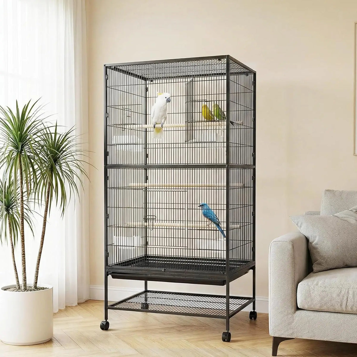 HiMISS Large Bird Cage With Rolling Stand And Feed Bowls