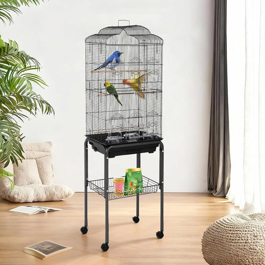 Bird Cage With Play Top And Rolling Stand For Parakeets