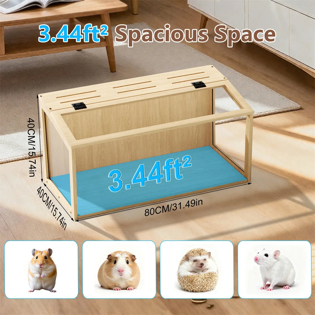 Wooden Hamster Cage With Glass Panels And LED Light Habitat