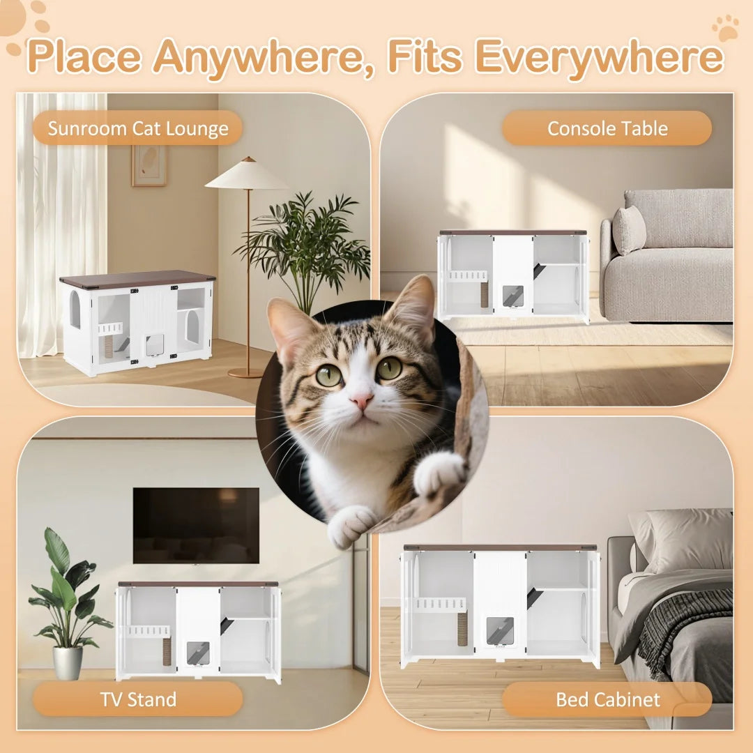 47.25" Large Hidden Litter Box Enclosure with LED Light & Cat Scratching Post, Smart Door Cat Litter Box Furniture with Stairs, Multi-Functional Cat House Side Table for Living Room, White