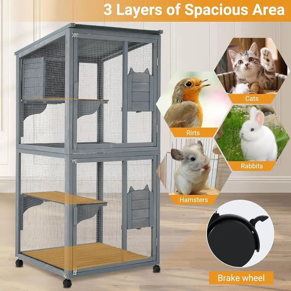 Multi Level Cat Enclosure With Lockable Wheels And Cabin