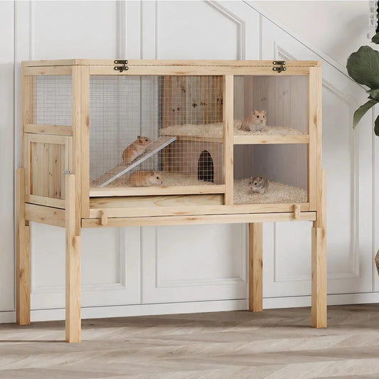 Wooden Guinea Pig Cage Indoor with Stand, 38' 2-Story Rabbit Hutch W/Ramp & Hideout, Clear Vision, Leak-Proof Pull-Out Tray, Lockable Door, Bunny Hamster Habitat
