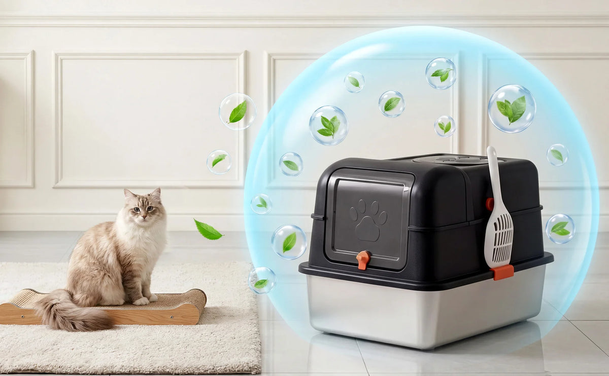 HiMiss Stainless Steel Enclosed Cat Litter Box With Lid Scoop