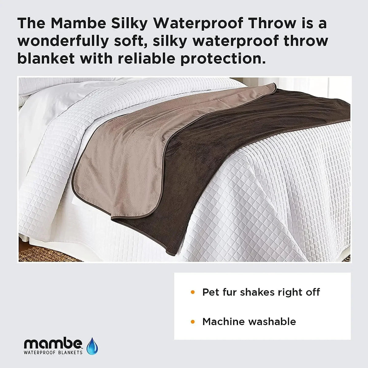 Mambe Silky Waterproof Throw Blanket for Pets & Incontinence – 70x70 Luxury Soft Reversible Washable Blanket to Protect Furniture Bed Sofa from Dogs Cats and Stains (Medium, Chocolate/Cappuccino)