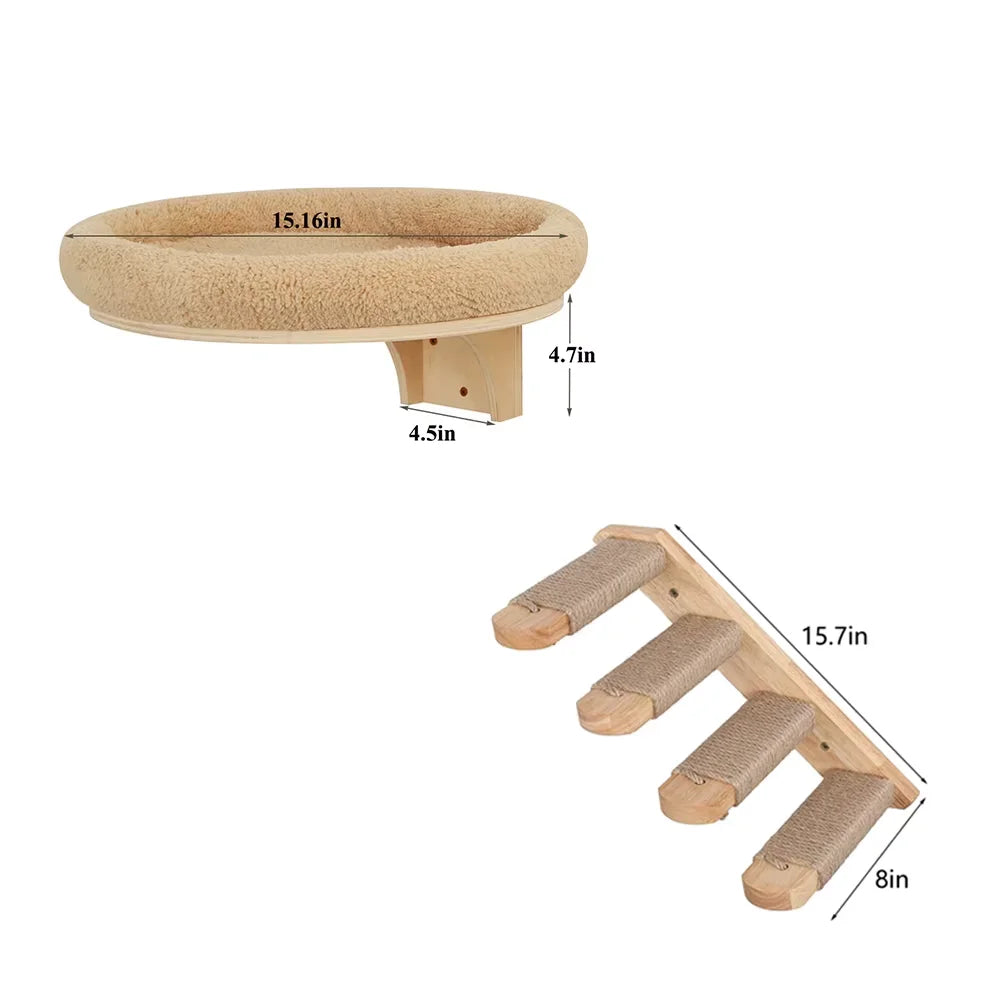 Cat Wall Mounted Wooden Hammock Ladder Scratching Post Perch