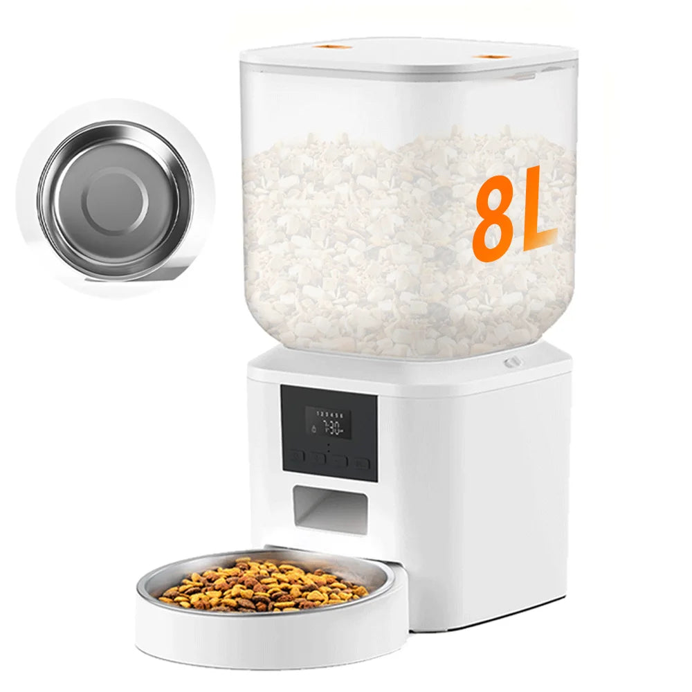 NITYERS 8L Automatic Cat Feeder, Smart Pet Food Dispenser with Key Control, Voice Recorder, Dual Power Supply, Timed Auto Dog Feeder with Stainless Steel Bowl