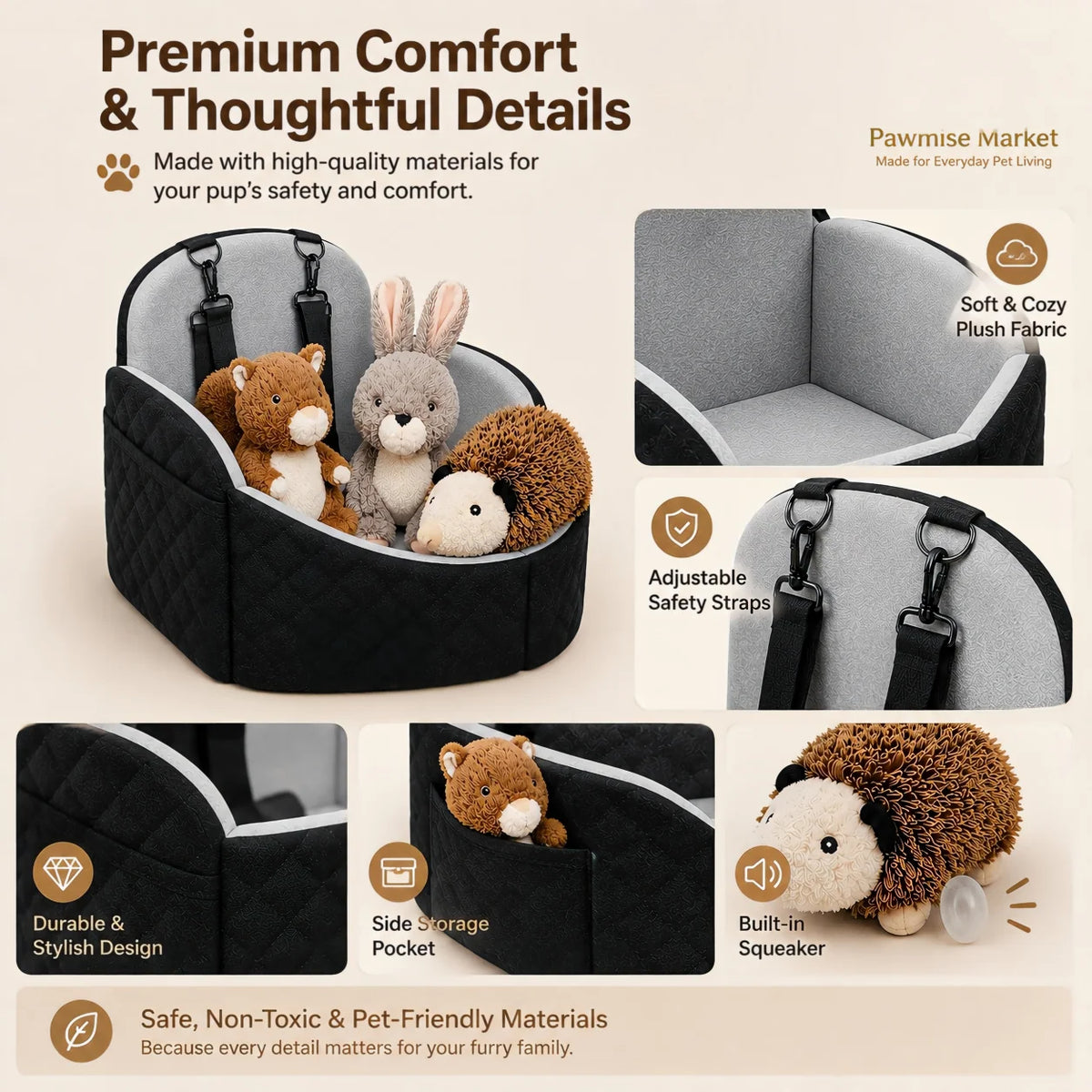 Dog Car Seat Bed With Securing Straps And Plush Toys