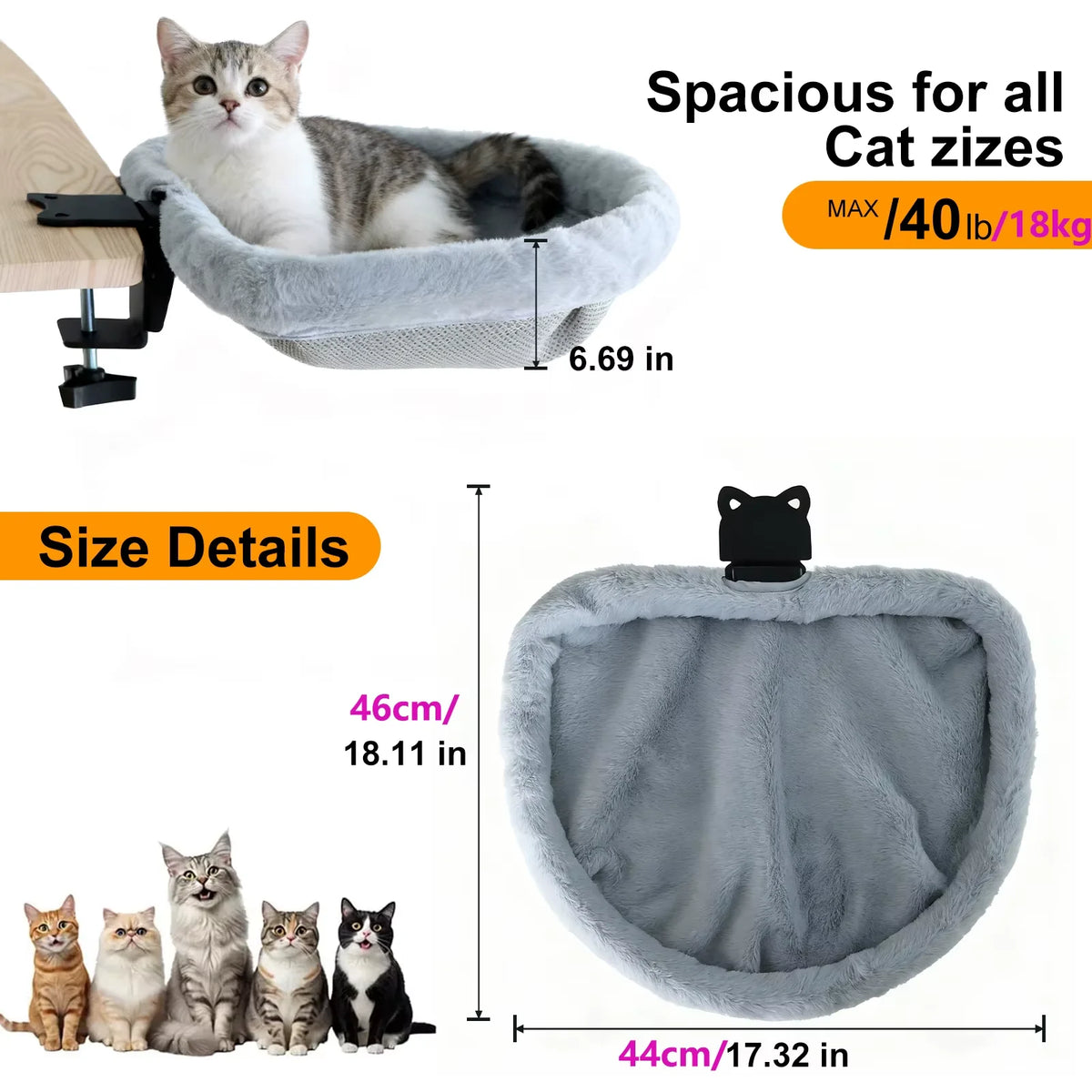 CWV Foldable Coral Fleece Cat Desk Bed With Clamp Mount