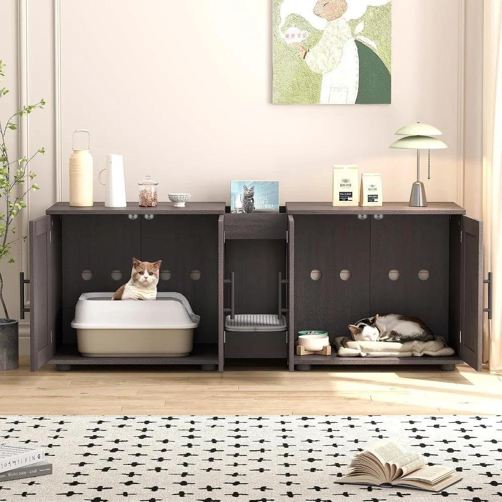 Garvee Wooden Double Room Cat Litter Box Enclosure Furniture