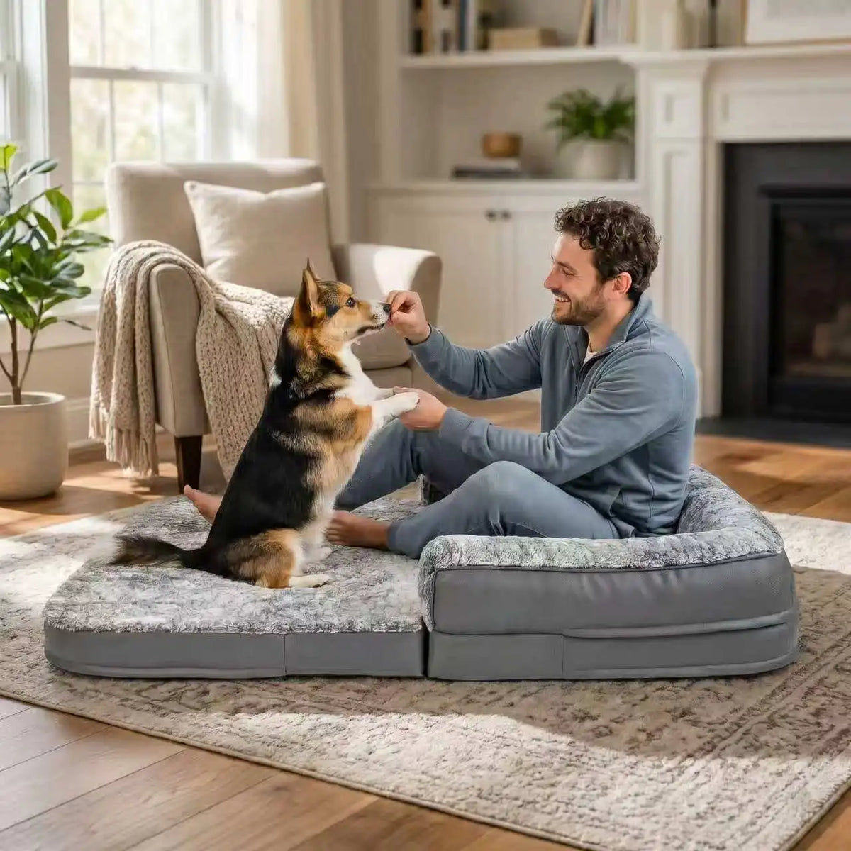 Bingopaw Human Size Dog Bed for Adults & Pets, Foldable Giant Dog Bed Mat with Scratch-Proof PU Leather Edge, High Density Foam Orthopedic Pet Couch Floor Bed, Washable Cover & Handles, 71"x37"