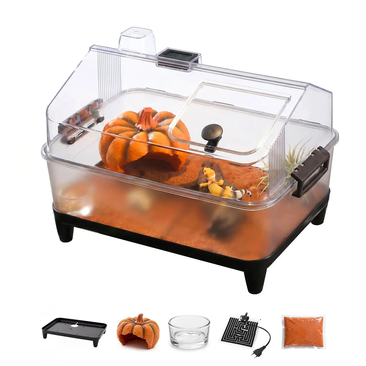Small Reptile Terrarium Kit With Lid, Acrylic Tank, Heating Pad, Hygrometer, Hide & Bowl For Gecko Lizard Tarantula Frog Crab