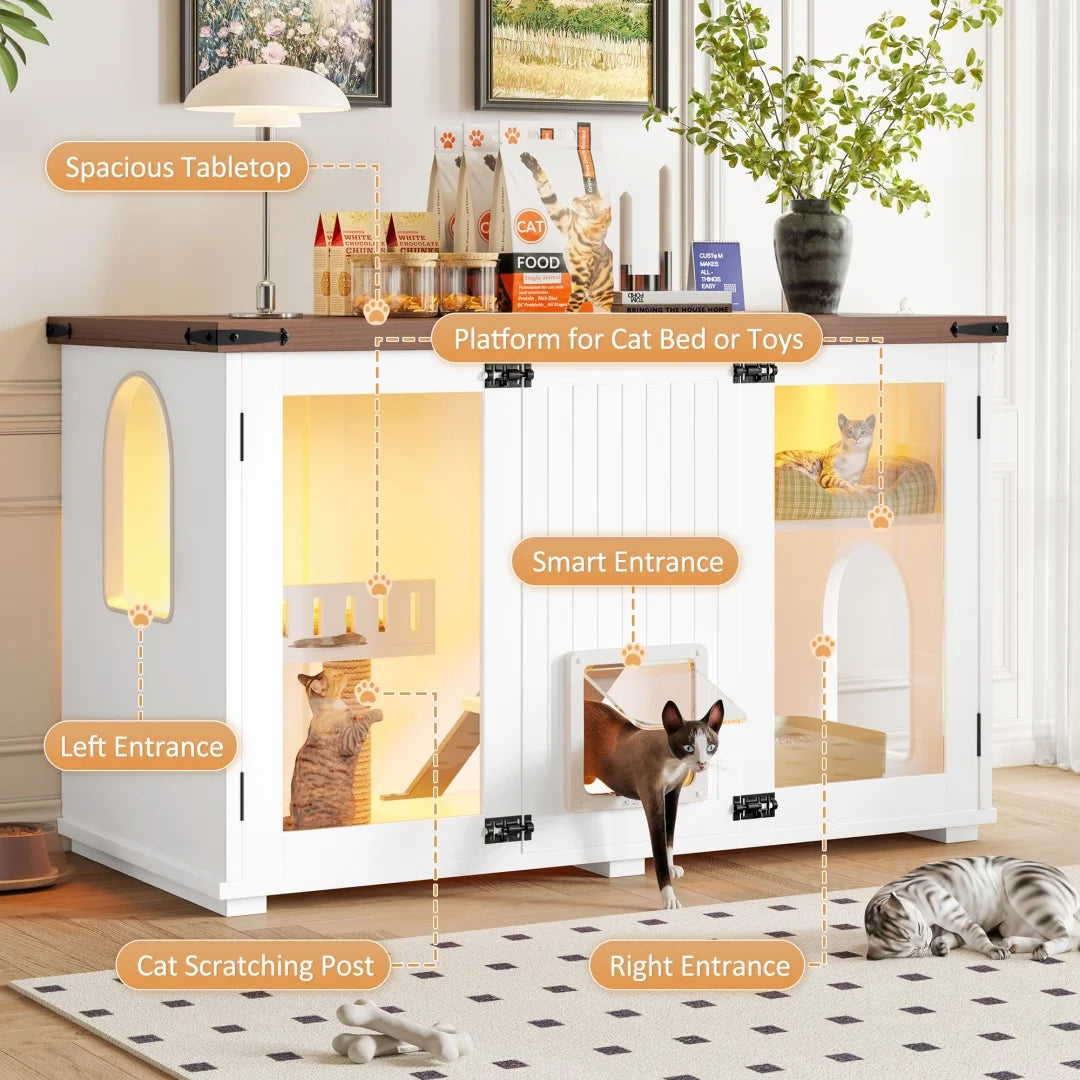 47.25" Large Hidden Litter Box Enclosure with LED Light & Cat Scratching Post, Smart Door Cat Litter Box Furniture with Stairs, Multi-Functional Cat House Side Table for Living Room, White