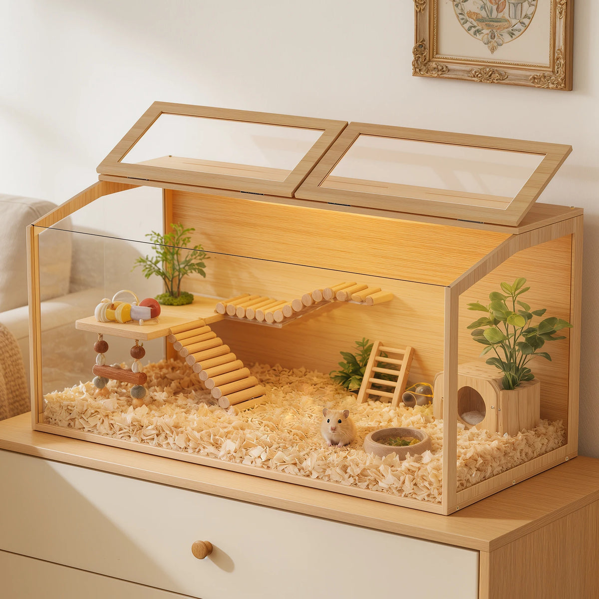 Wooden Hamster Cage With Glass Panels And LED Light Habitat