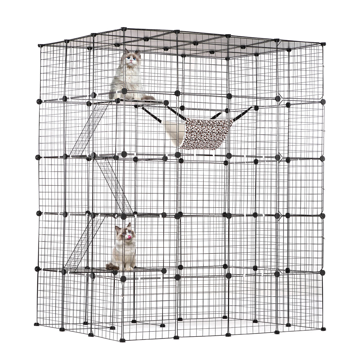 SucceBuy Stainless Steel Multi Level Cat Cage With Hammock Ramp