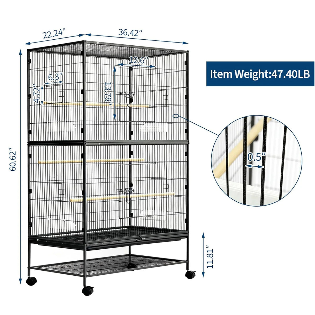 HiMISS Large Bird Cage With Rolling Stand And Feed Bowls