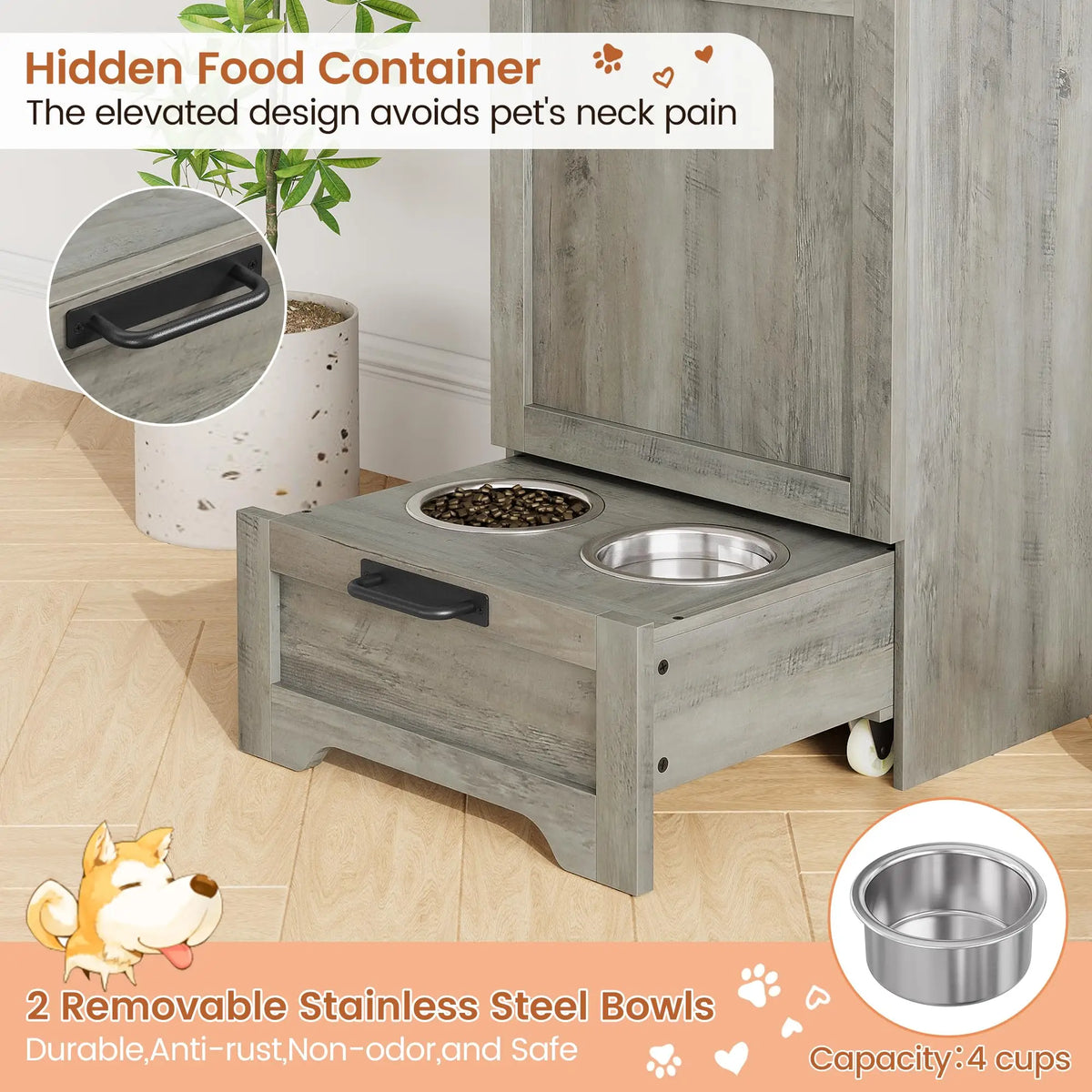 Elevated Dog Food Storage Cabinet With Stainless Steel Bowls