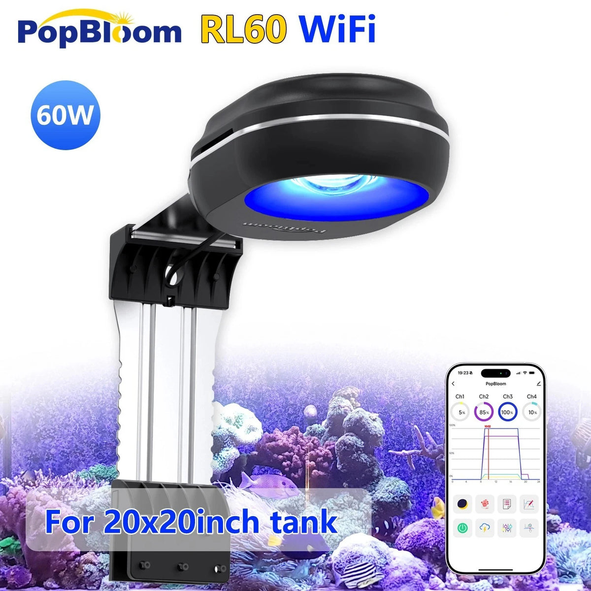 PopBloom WiFi Reef LED Light, 60W 90W 120W Full Spectrum Marine Reef LED Aquarium Lighting for Soft/LPS Corals & Saltwater Fish Nano Tanks, Built-in Timer, Sunrise Sunset
