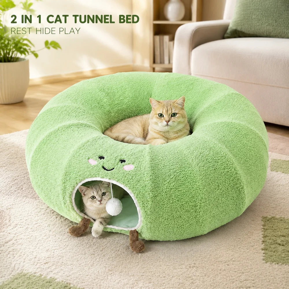 Convertible Cat Tunnel Bed With Plush Removable Cushion