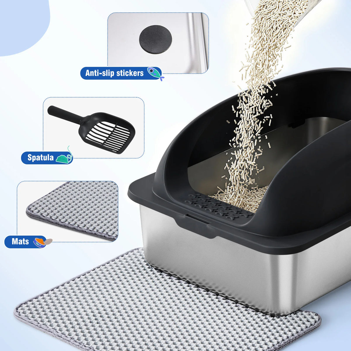 JHK Covered Stainless Steel Cat Litter Box With Scoop and Mat