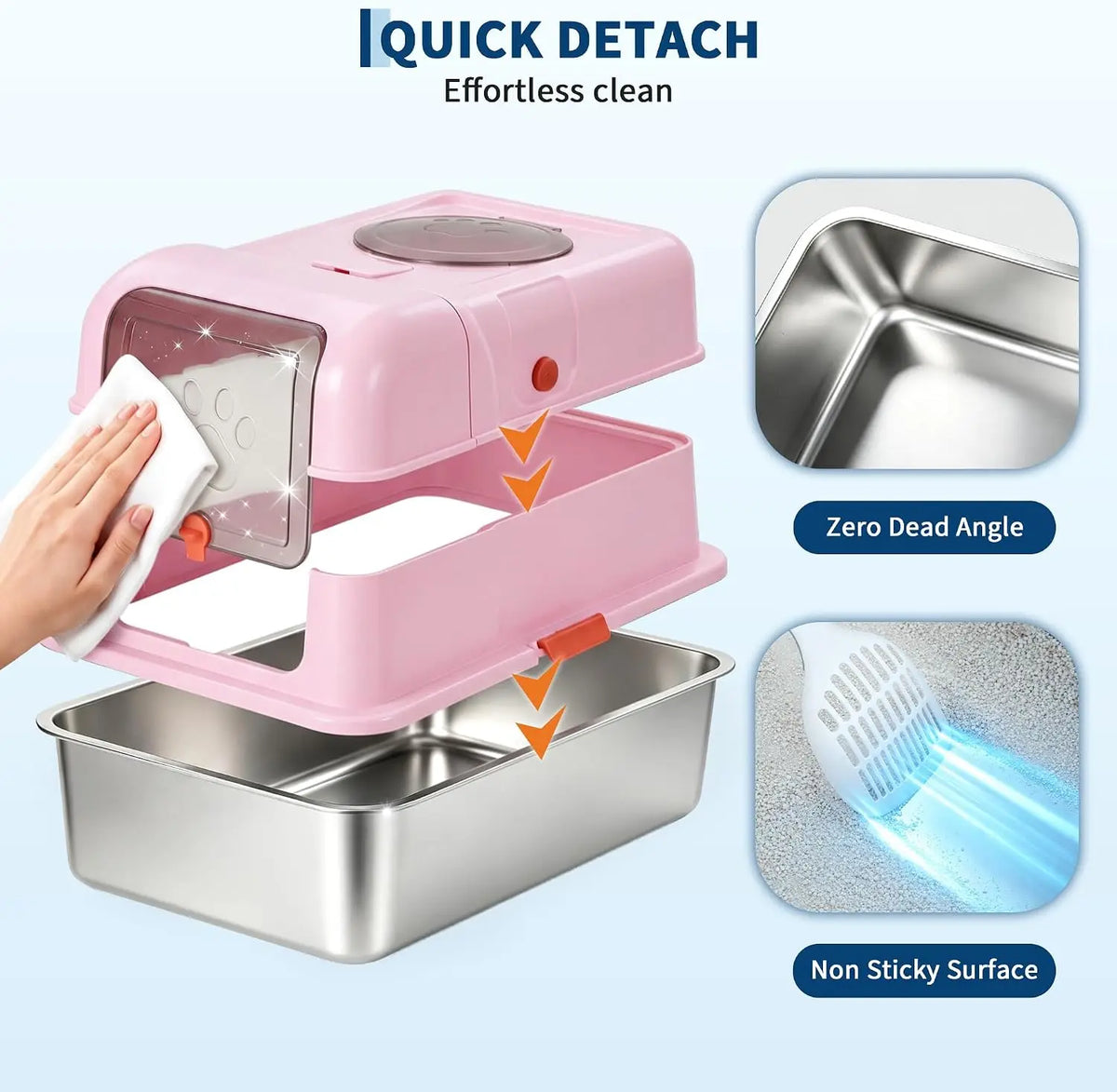 Dog-Proof Fully Enclosed Stainless Steel Litter Box with Lid | Enclosed, High Sided, Front Entry & Top Exit, Leak Proof Design, Scoop Included, Great for Large & Multi-Cat Homes - Pink