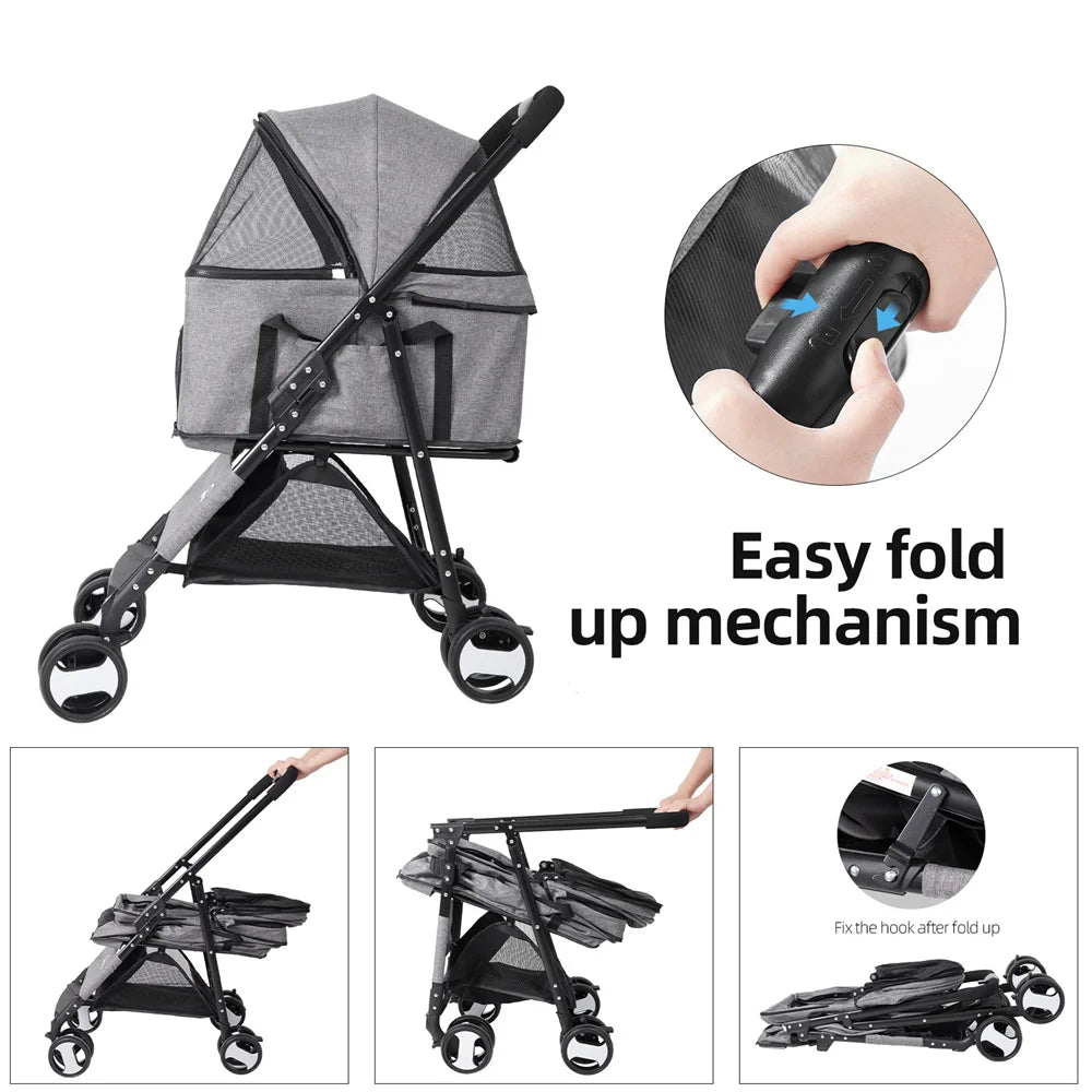 Foldable Pet Stroller With Storage Basket And Durable Wheels