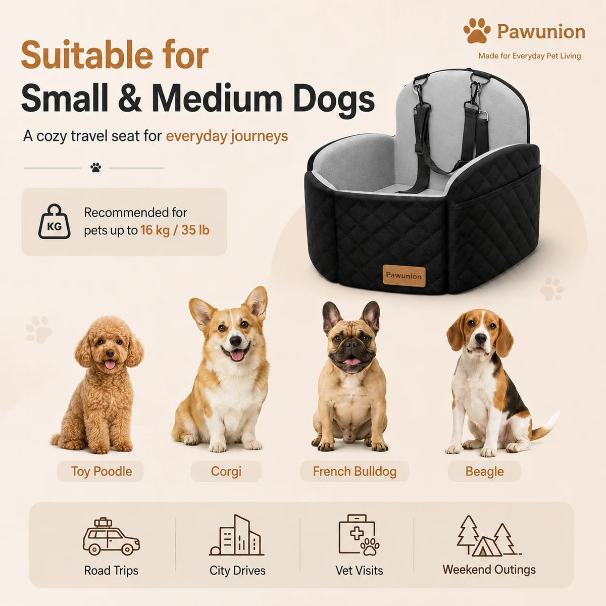Dog Car Seat With Memory Foam Cushion And Safety Leashes