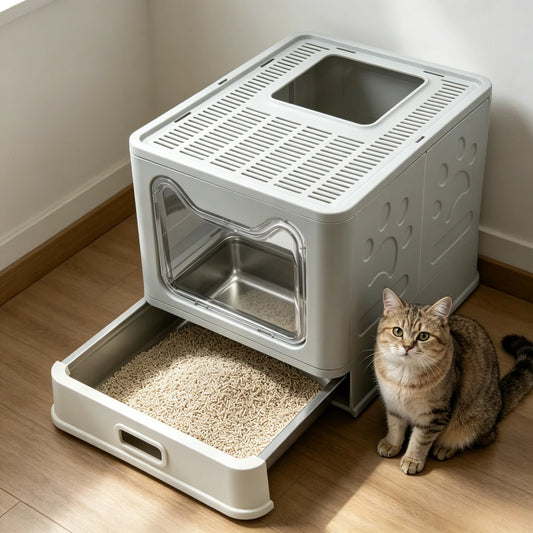 Covered Front Entry Cat Litter Box With Top Exit Scoop