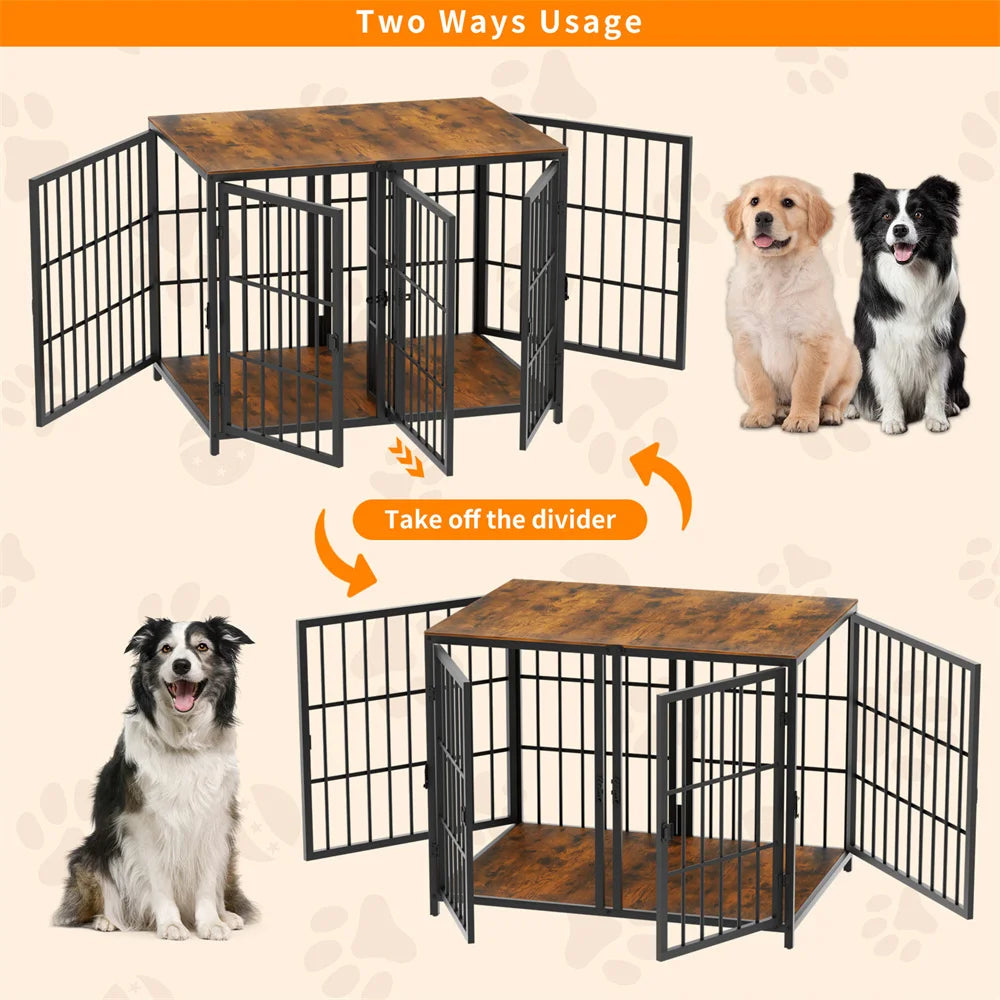 Borwart Metal Wood Dog Crate With Removable Divider And Doors
