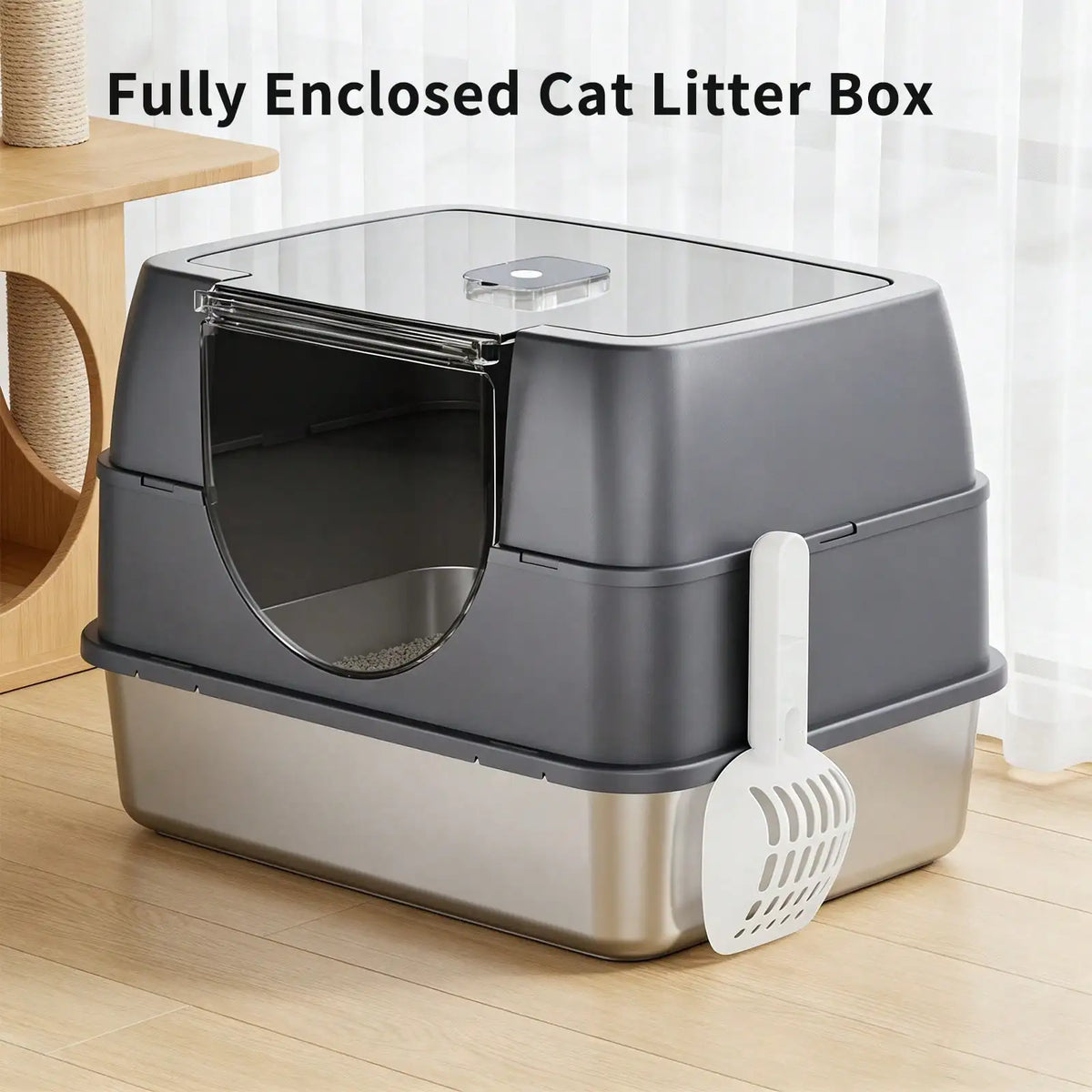 Stainless Steel Enclosed Cat Litter Box With Lid And Mat