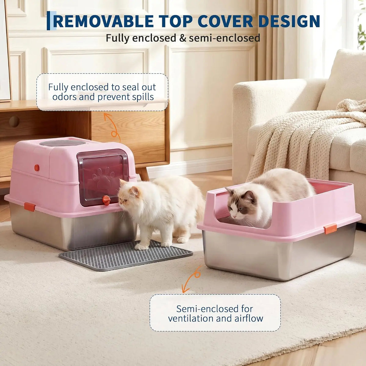 Dog-Proof Fully Enclosed Stainless Steel Litter Box with Lid | Enclosed, High Sided, Front Entry & Top Exit, Leak Proof Design, Scoop Included, Great for Large & Multi-Cat Homes - Pink