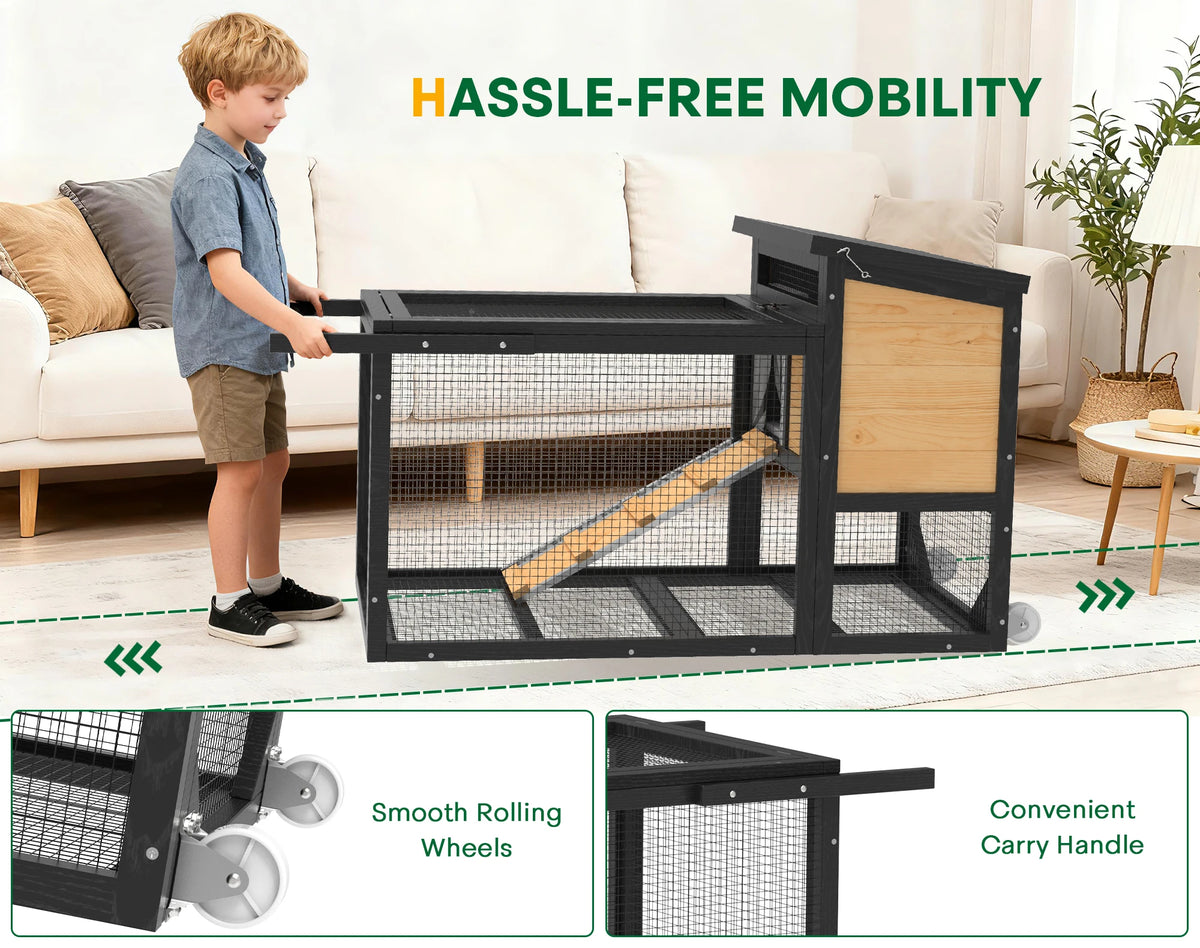 Outdoor Wooden Rabbit Hutch With Wheels And Pull Out Tray