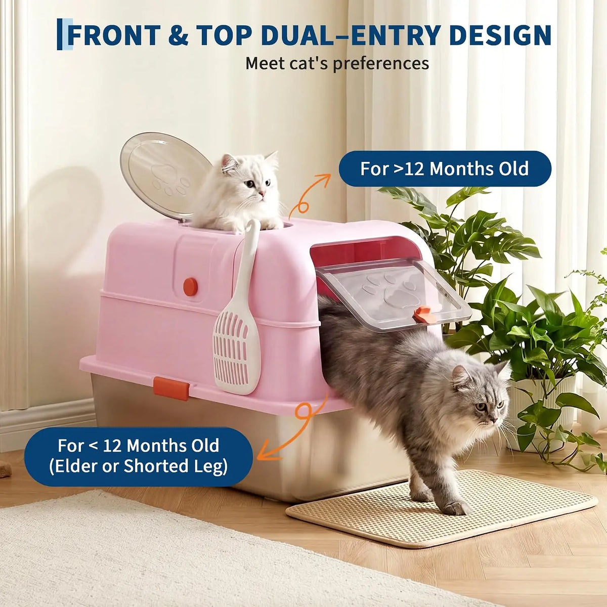 Dog-Proof Fully Enclosed Stainless Steel Litter Box with Lid | Enclosed, High Sided, Front Entry & Top Exit, Leak Proof Design, Scoop Included, Great for Large & Multi-Cat Homes - Pink