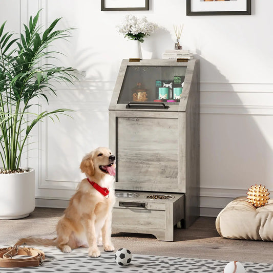 Elevated Dog Food Storage Cabinet With Stainless Steel Bowls