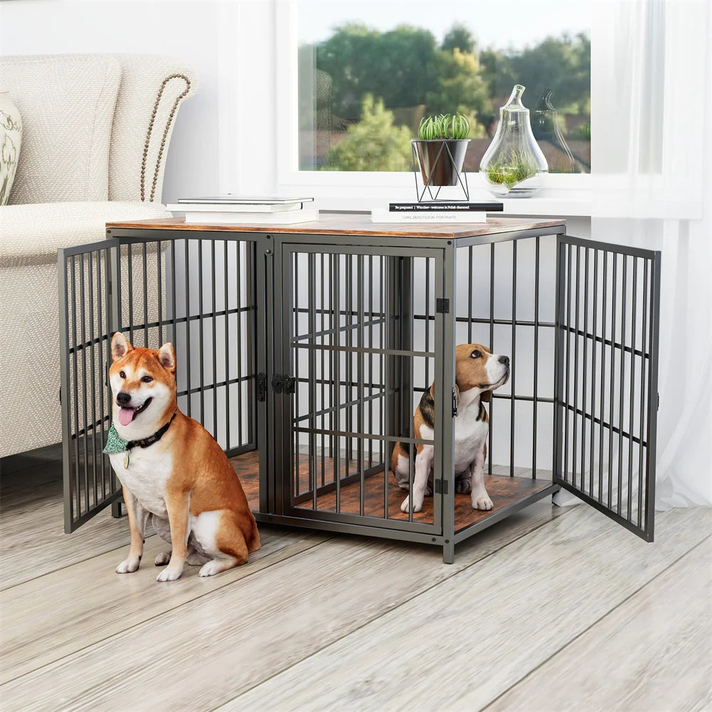 Borwart Metal Wood Dog Crate With Removable Divider And Doors