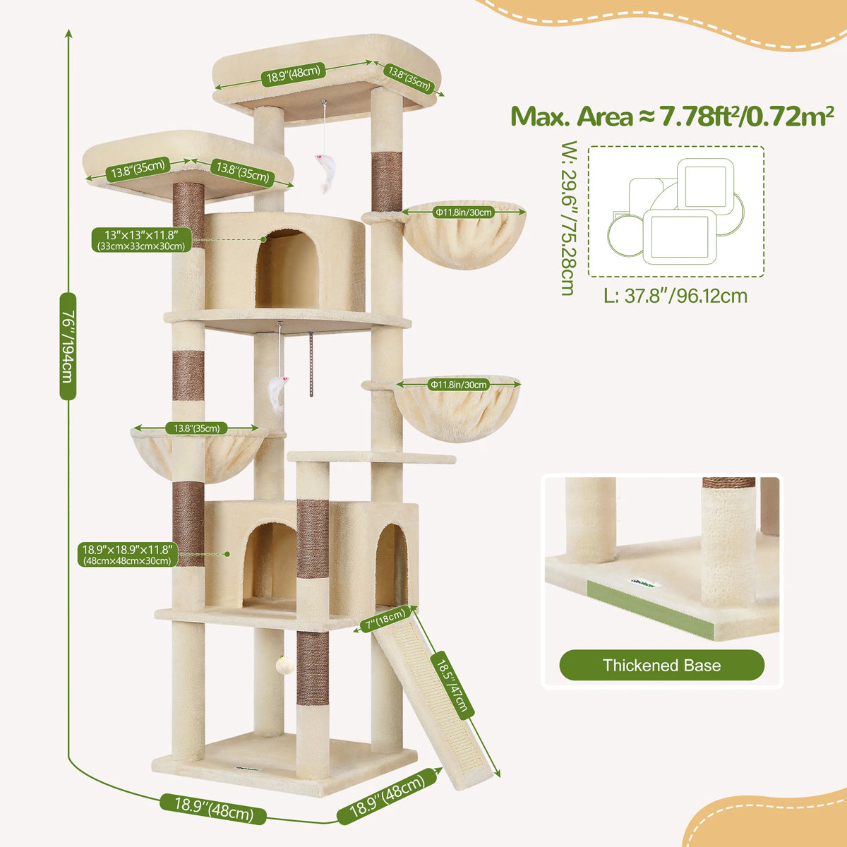 Globlazer 76" Cat Tower for 2-3 Large Cats Multi-Level Cat Tree with Hammock Scratching Post 2 Condos and 3 Hammocks