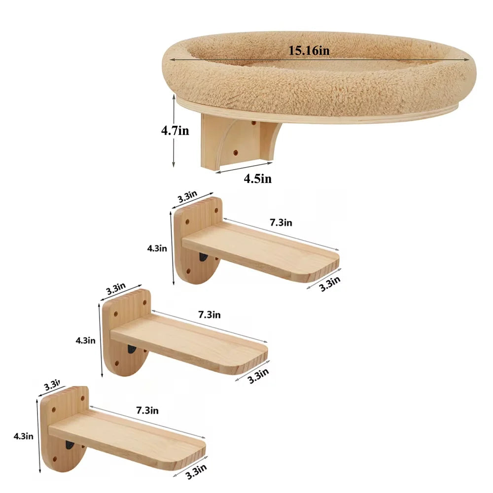 Cat Wall Mounted Wooden Hammock Ladder Scratching Post Perch
