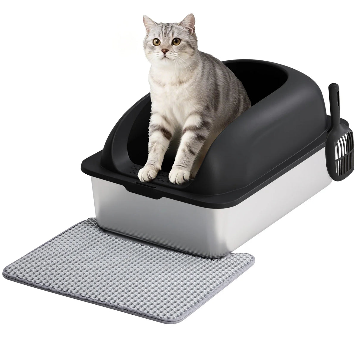 JHK Covered Stainless Steel Cat Litter Box With Scoop and Mat