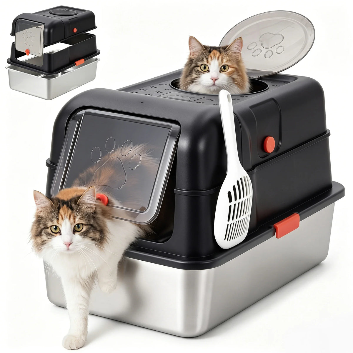 HiMiss Stainless Steel Enclosed Cat Litter Box With Lid Scoop