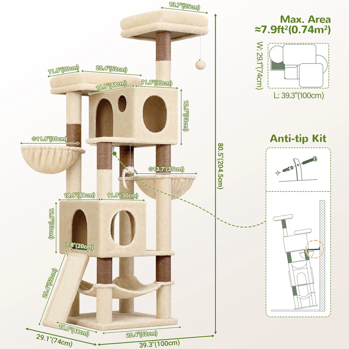 Globlazer 76" Large Cat Tree Tower for Indoor Cats, Multi-Level Cat Climbing Activity Center with 2 Condos, 2 Hammocks, 3 Perches, Sisal Scratching Posts and Board for 2-3 Medium Large Cats