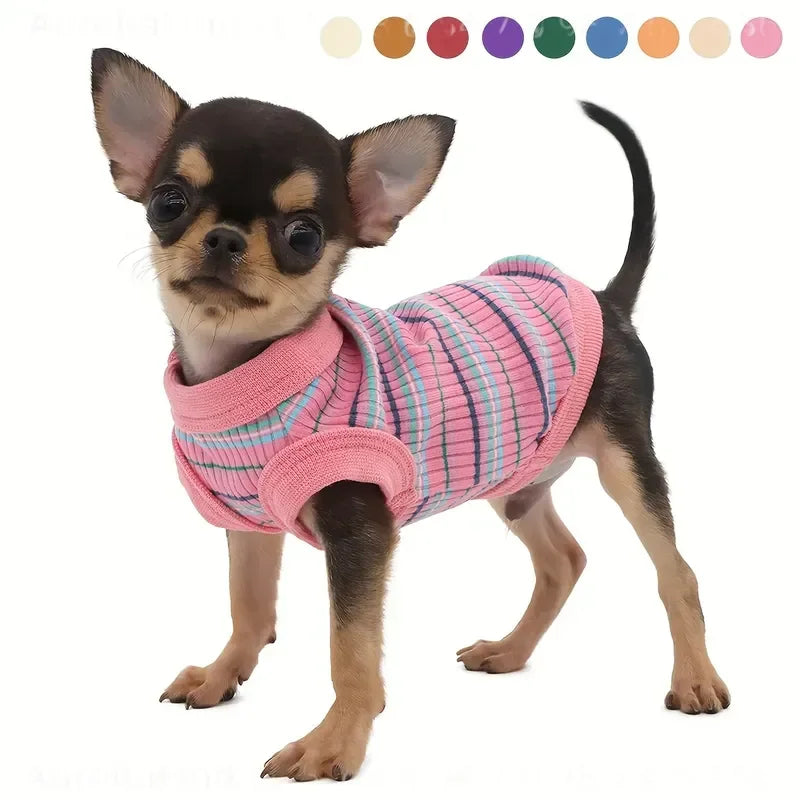 Soft Ribbed Dog Vest Pink Striped Tank for Small to Extra Small Breeds Easy Pullover Style Hand Wash Pet Clothing