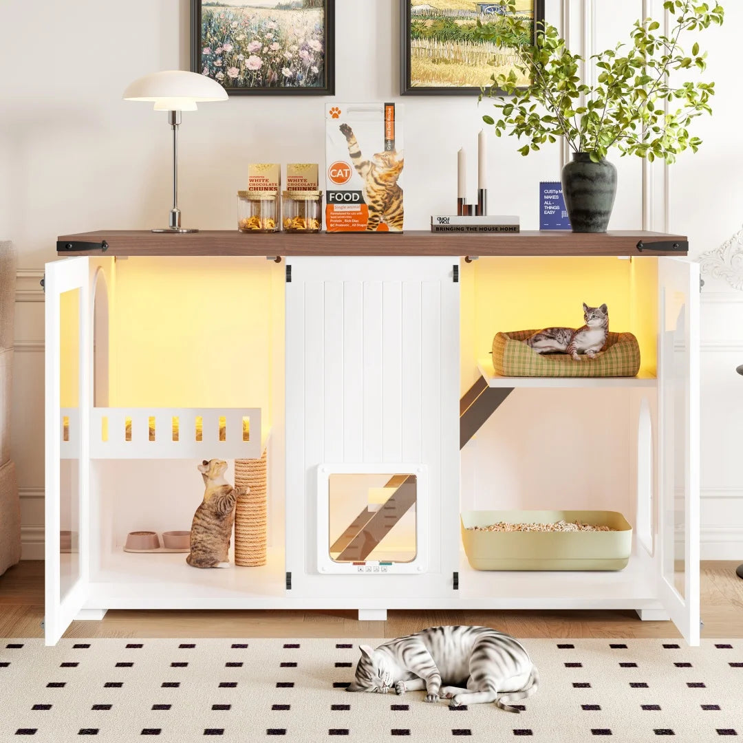 47.25" Large Hidden Litter Box Enclosure with LED Light & Cat Scratching Post, Smart Door Cat Litter Box Furniture with Stairs, Multi-Functional Cat House Side Table for Living Room, White