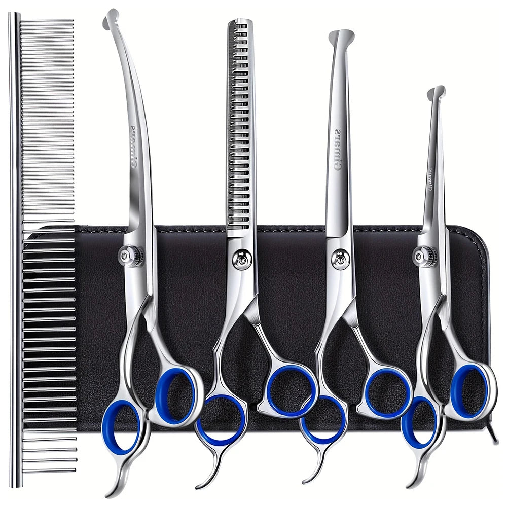 7-in-1 Professional Dog Grooming Scissors Set Stainless Steel Pet Clippers with Ceramic Coating Ergonomic Handle Safe round Tips And Storage Case