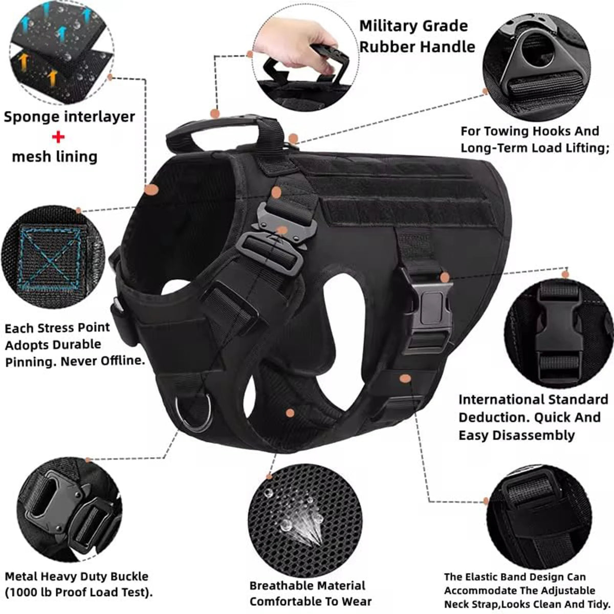 Tactical Nylon Dog Harness Padded Quick Release Buckle For Training