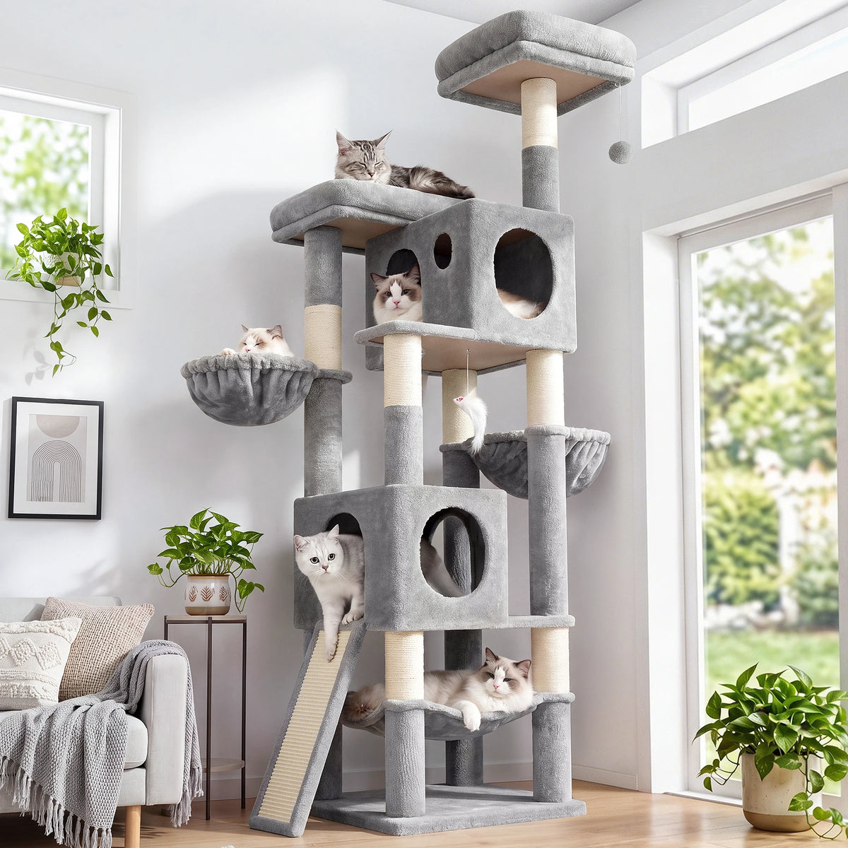Globlazer 76" Large Cat Tree Tower for Indoor Cats, Multi-Level Cat Climbing Activity Center with 2 Condos, 2 Hammocks, 3 Perches, Sisal Scratching Posts and Board for 2-3 Medium Large Cats