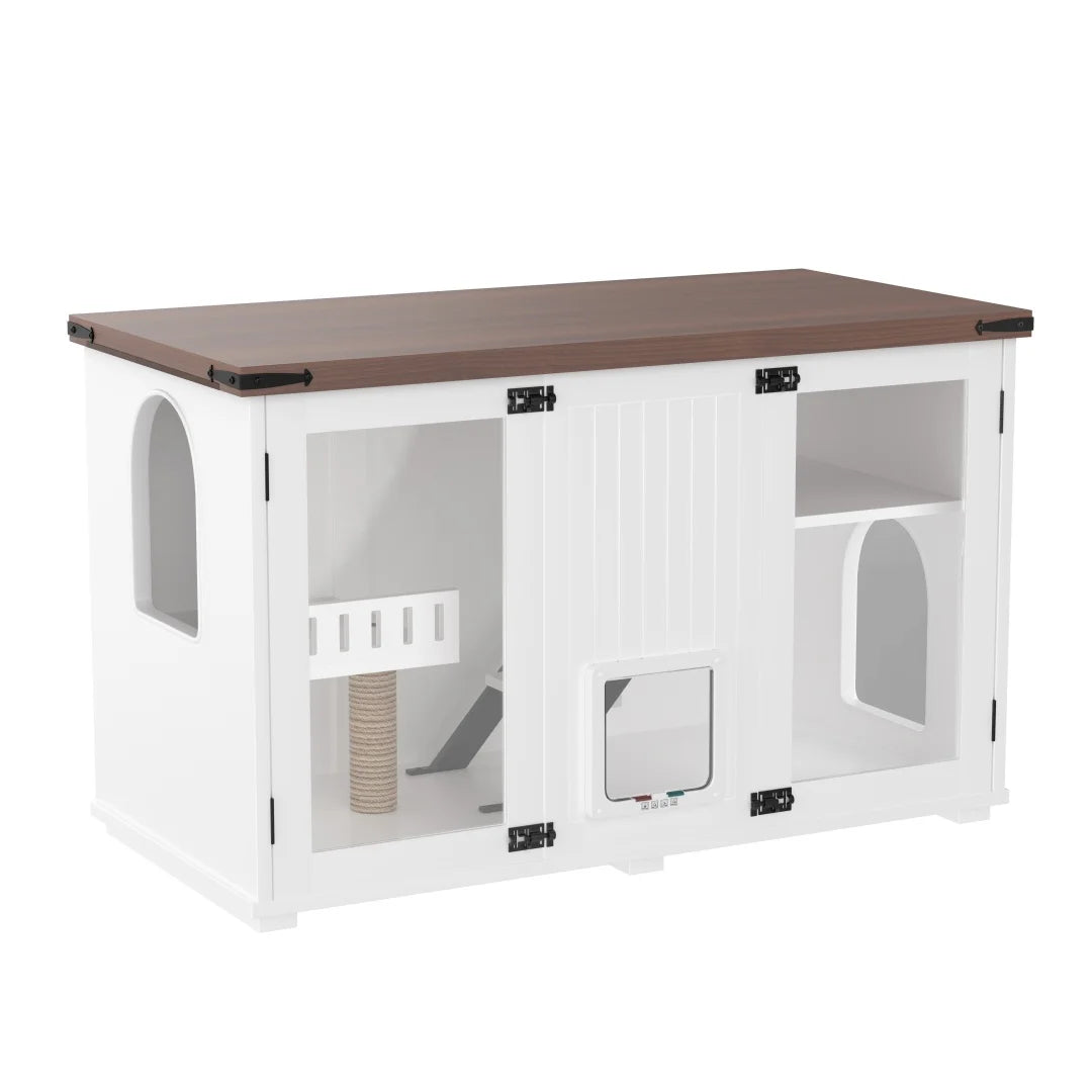 47.25" Large Hidden Litter Box Enclosure with LED Light & Cat Scratching Post, Smart Door Cat Litter Box Furniture with Stairs, Multi-Functional Cat House Side Table for Living Room, White