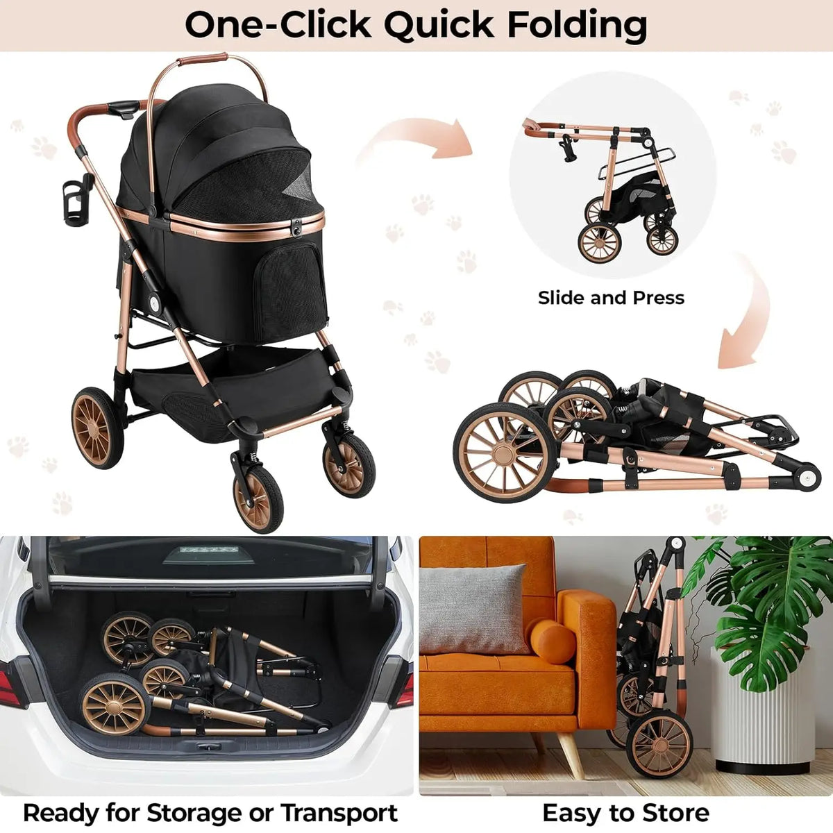 Foldable All Terrain Pet Stroller 3in1 Carrier Storage Cup Holder