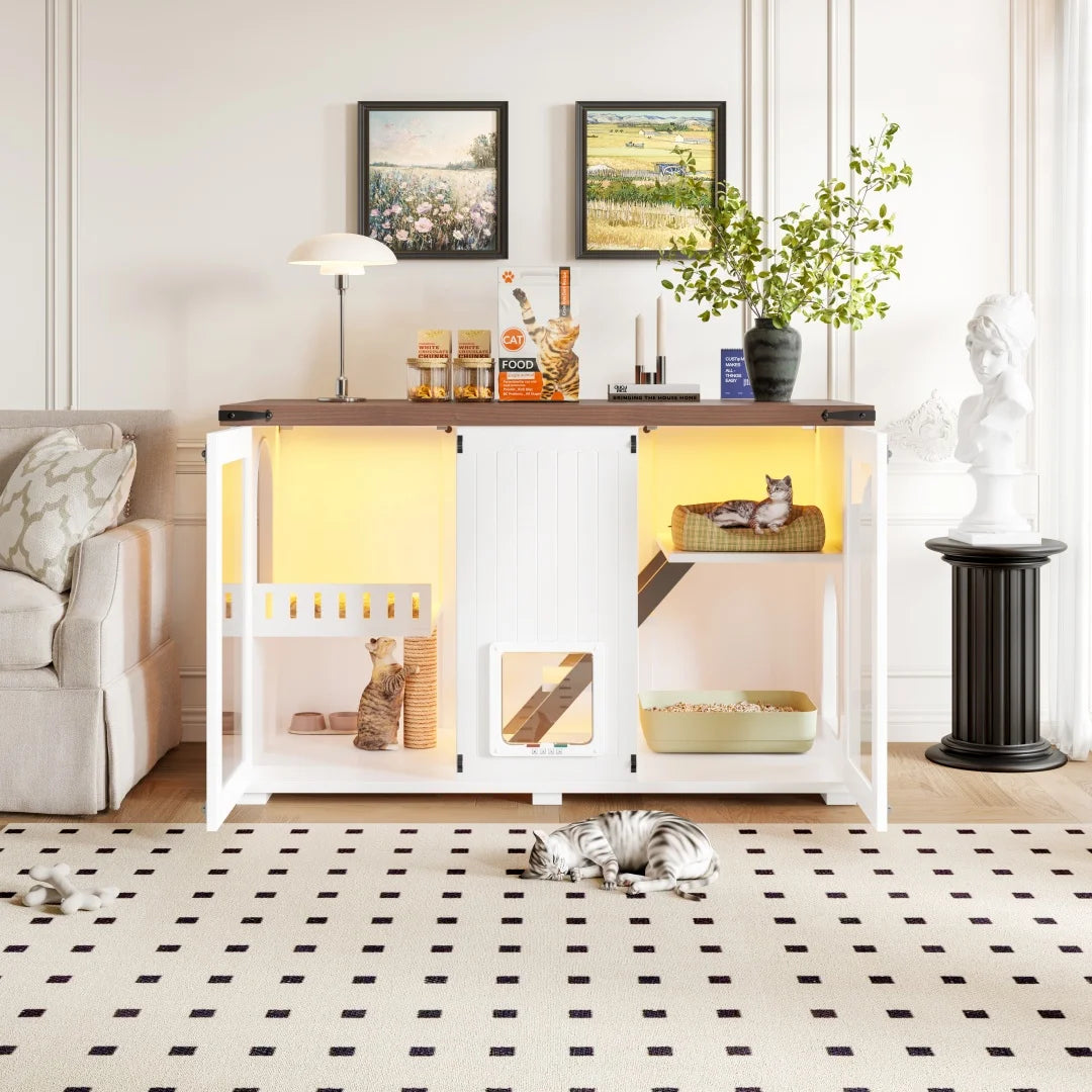 47.25" Large Hidden Litter Box Enclosure with LED Light & Cat Scratching Post, Smart Door Cat Litter Box Furniture with Stairs, Multi-Functional Cat House Side Table for Living Room, White