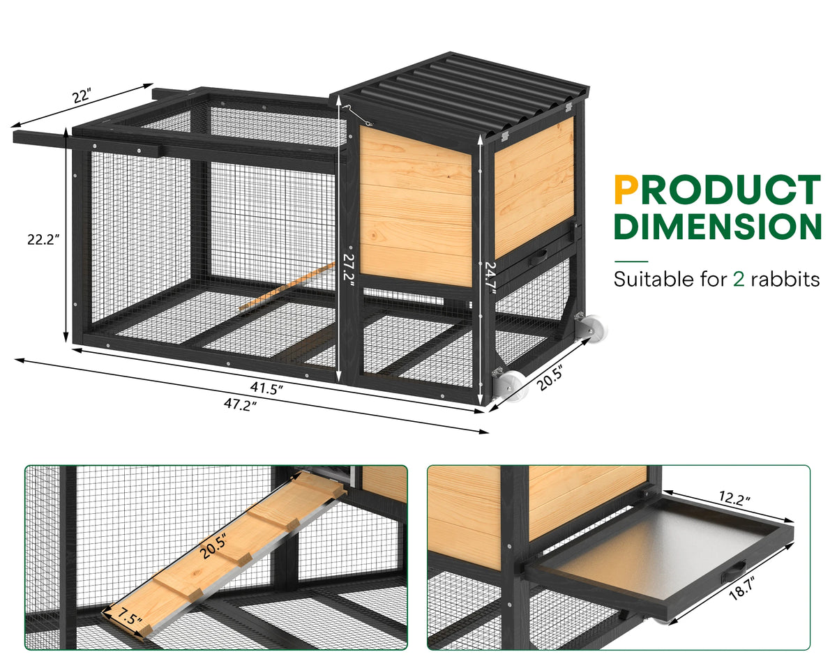 Outdoor Wooden Rabbit Hutch With Wheels And Pull Out Tray