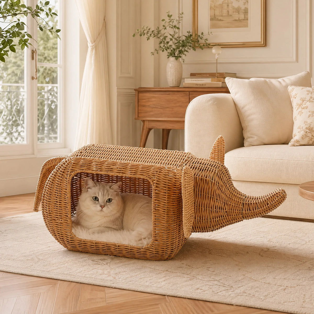 PEQULTI Handmade Rattan Cat Condo Bed With Plush Cushion Hideaway