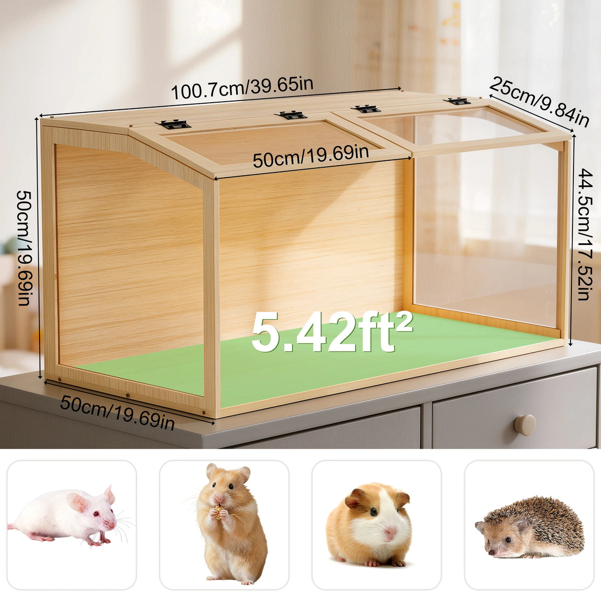 Wooden Hamster Cage With Glass Panels And LED Light Habitat